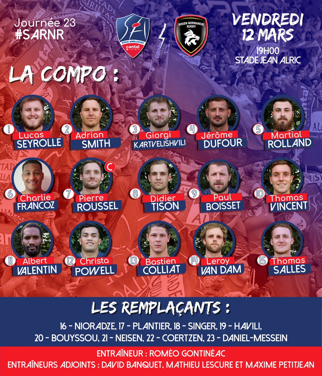 #SAfamily  
#RNRSA  
Découvrez la compo du <a href="/SArugbyofficiel/">Stade Aurillacois Cantal Auvergne</a> face à <a href="/RouenNdieRugby/">Rouen Normandie Rugby</a> . 
Coup d'envoi demain à 19h au Stade Jean Alric ! 

Vos messages affichés sur les murs de nos vestiaires seront notre 16ème homme. Merci ! 

#StadeAurillacois #Bienplusquunmaillot
🔴🔵🏈🏈💪💪