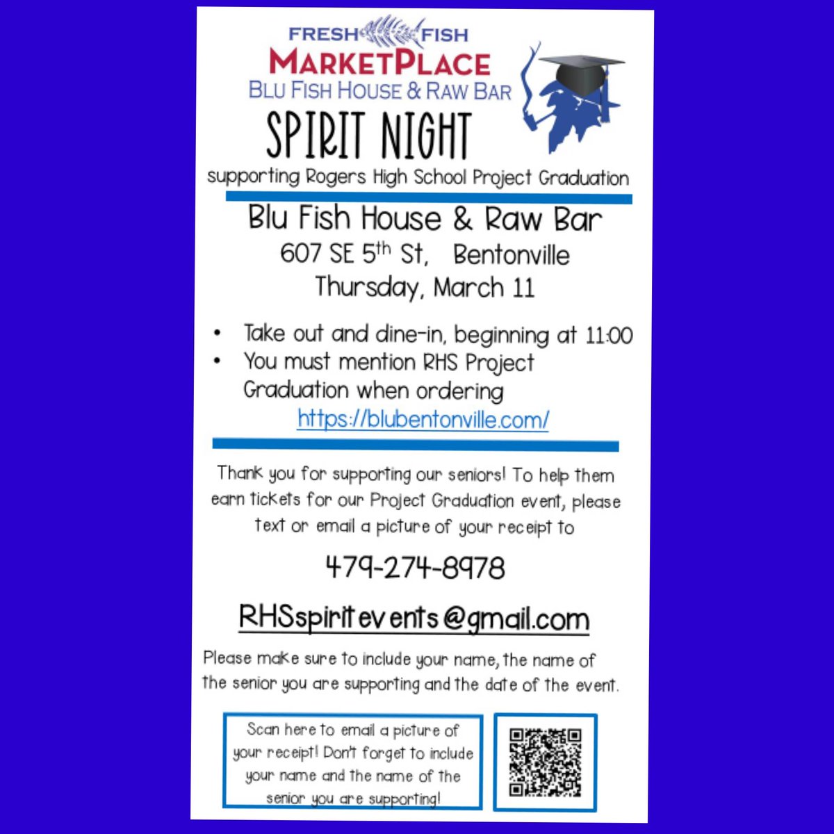 Eat at Blu Fish for lunch or dinner today and tell them you’re there to support RHS Project Graduation! 20% of mentioned sales will support RHS PG.