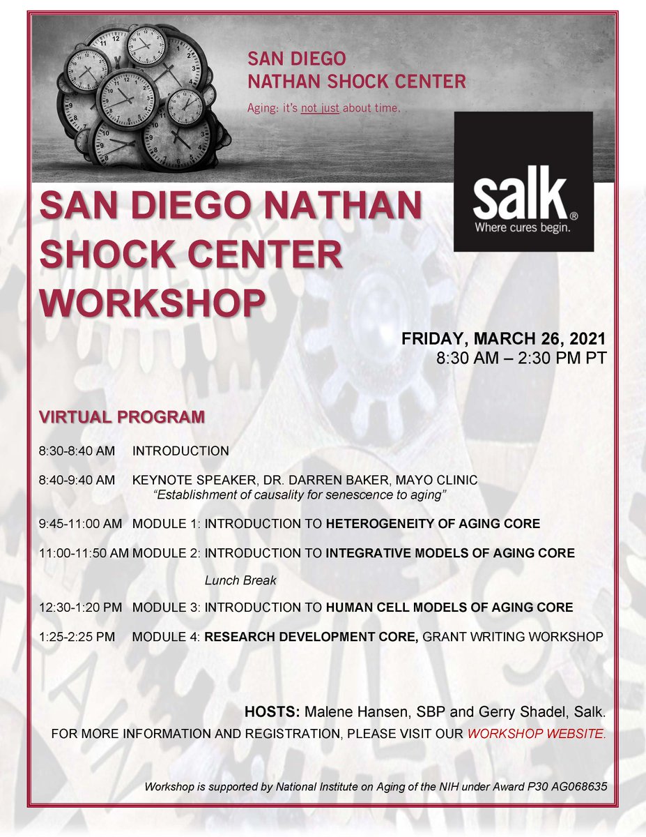 Upcoming Virtual Event: San Diego Nathan Shock Center Workshop. Friday, March 26 from 11:30am-5:30pm ET/8:30 am-2:30pm PT. Register by March 22 here: bit.ly/3cr2pyS #agingresearch