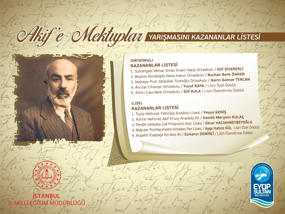 “Akif’e Mektuplar” yarışmasında İl birincisi olan ilçemiz Mehmet Tekinalp Anadolu Lisesi öğrencisi Feyza GENİŞ'i tebrik ederiz. 

<a href="/istanbulilmem/">İstanbul İl Millî Eğitim Müdürlüğü</a> <a href="/memleventyazici/">Levent Yazıcı</a> <a href="/Alireisoglu34/">Dr. Ahmet ALİREİSOĞLU</a> <a href="/MehmeTekinalpAL/">MEHMET TEKİNALP AL</a>
