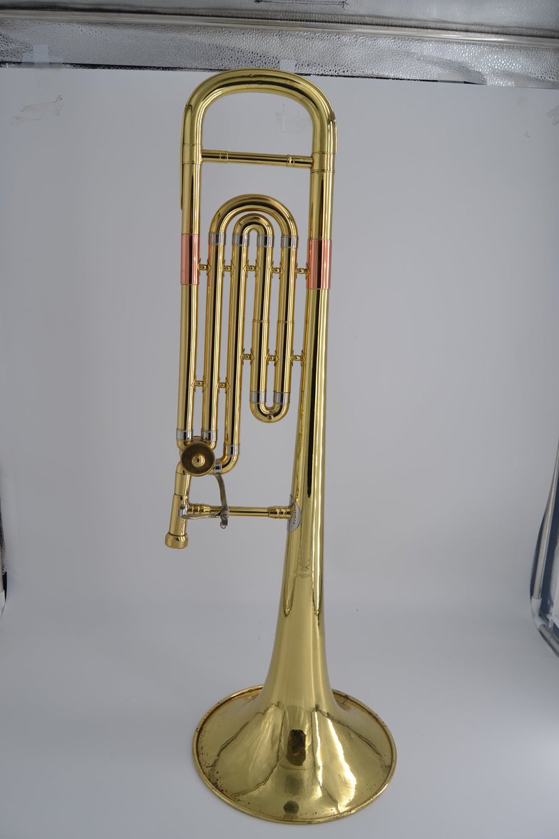 GetzenCompany's tweet photo. #tbt to this beauty. We don't know the original model name or even when it was created, most likely late 1950s. It was an attempt at an F attachment tenor that was extremely tight closed wrap. 
#Getzen #custom #trombone #madeinusa https://t.co/pWykB5VAUu