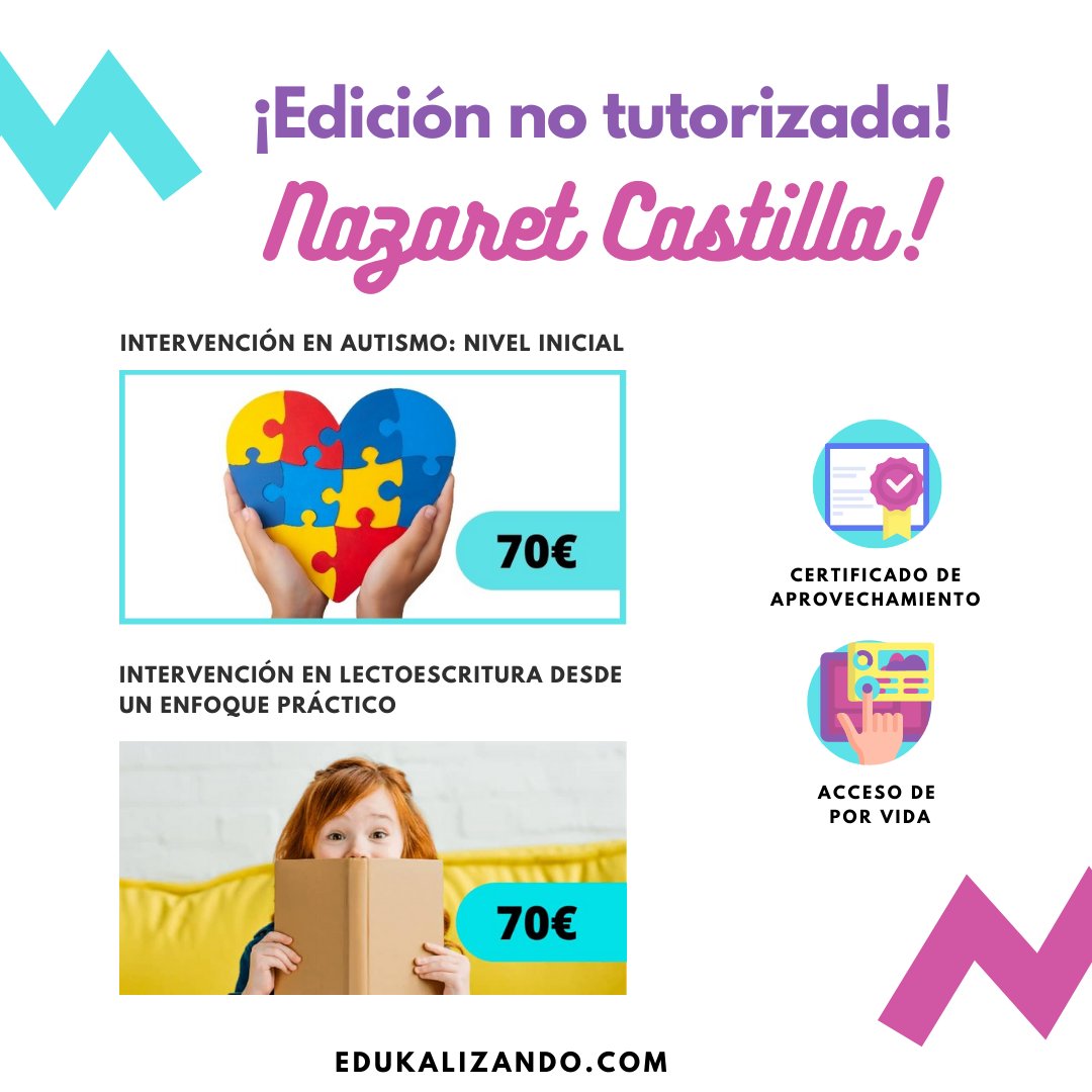 Vuelven las ediciones no tutorizadas 😍 de los cursos de Nazaret Castilla hasta septiembre que vuelve a tope  🙌.

Mira las opiniones de otros estudiantes de ediciones anterior en la web 😍.

edukalizando.com/courses/autism…
edukalizando.com/courses/lectoe…

¡No te quedes sin tu plaza!