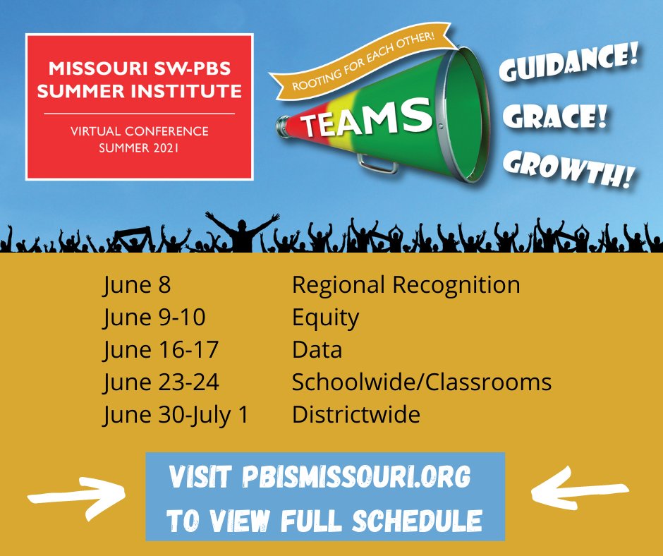 Registration for MO SW-PBS Virtual Summer Institute 2021 is now open! 
Click here to register:  👇👇👇
na.eventscloud.com/21si
Click here to view the virtual series schedule: 👇👇👇
pbismissouri.org/summer-trainin…