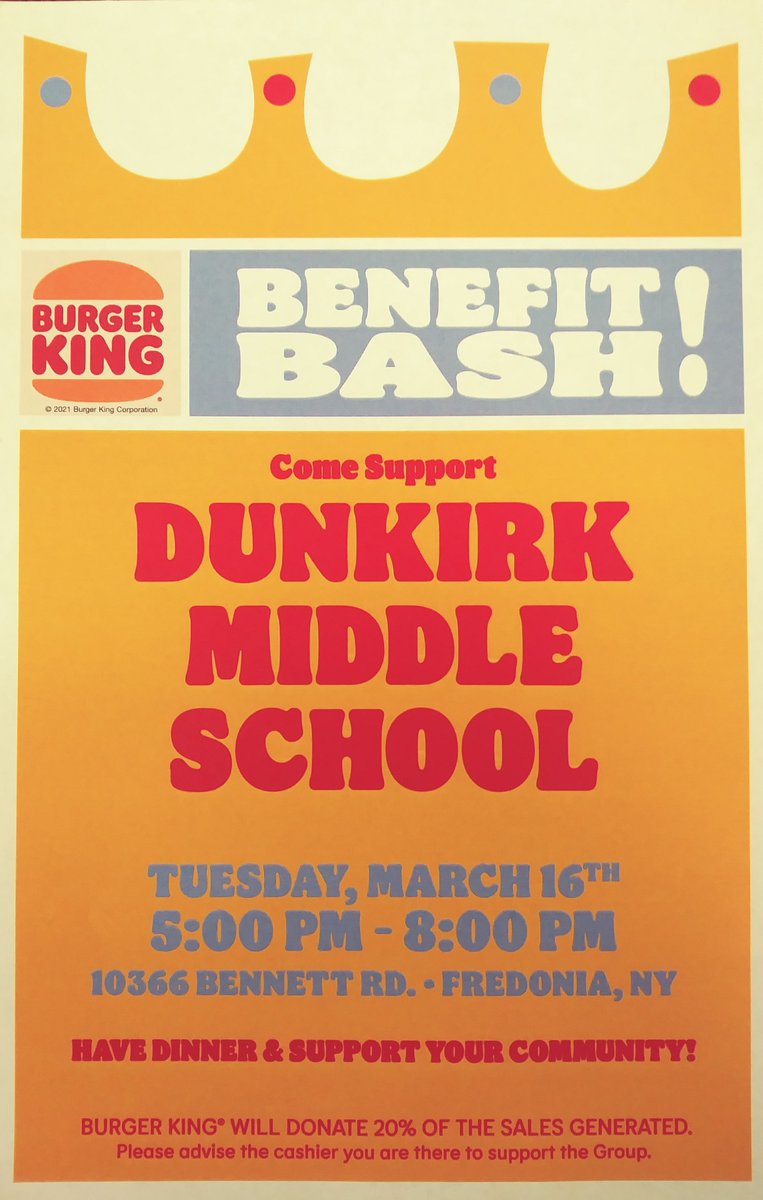 Come to support Dunkirk Middle School with a Burger King Benefit Bash! 🙌

📆 Tuesday, March 16th, 5-8pm

Have dinner and support your community. Burger King will donate 20% of the sales generated to DMS. 😎