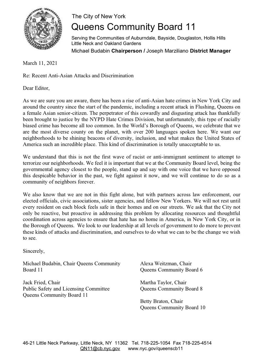Queens CB6 Chair Weitzman signed on to this letter, written by <a href="/CB11Q/">CB11Queens</a> Chair Budabin &amp; Public Safety Committee Chair Fried, condemning the recent increase in violent anti-Asian hate crimes in NYC &amp; the country. Chair Taylor of Queens CB8 &amp; Chair Braton of Queens CB10 also signed.