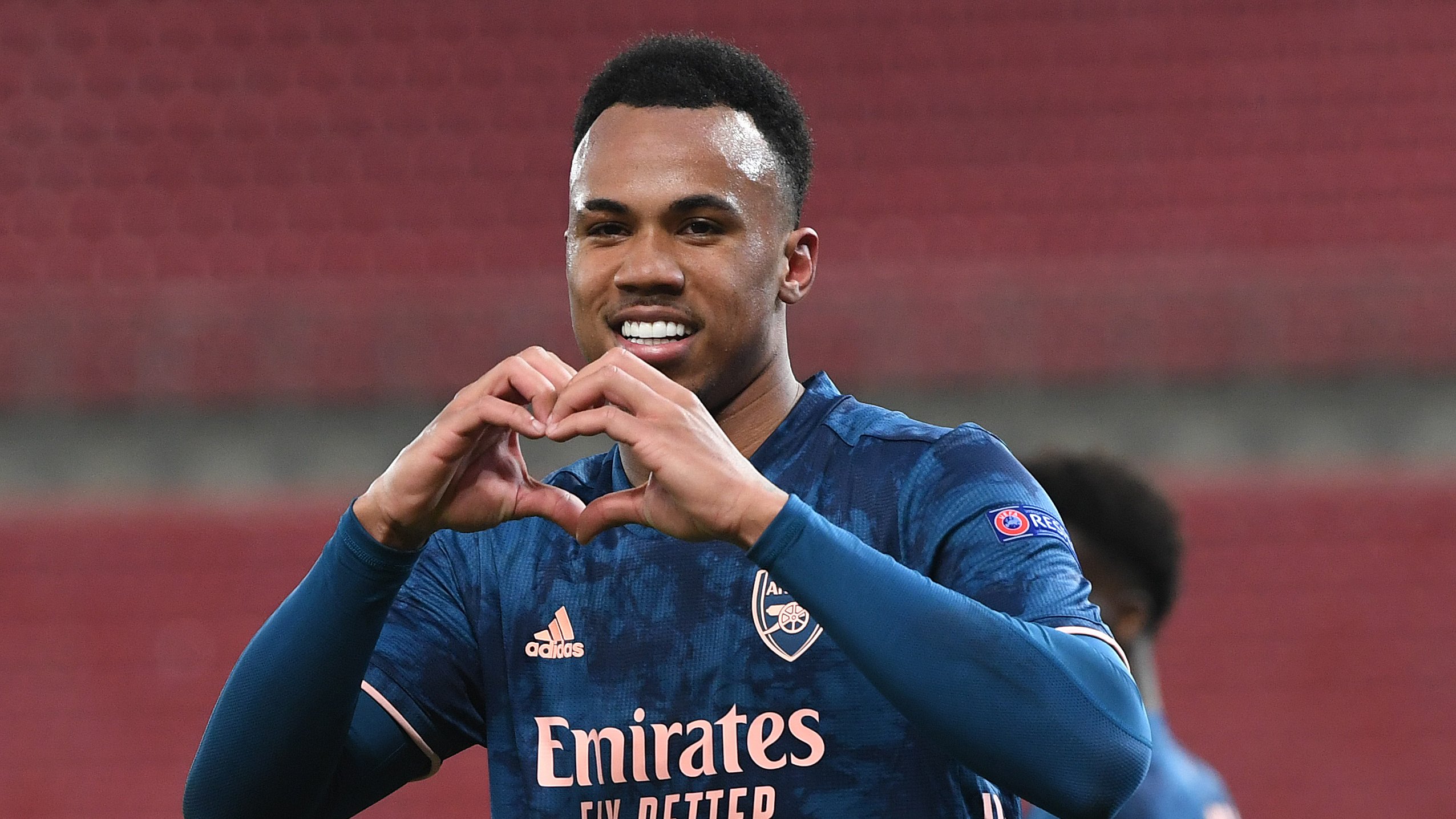 Gabriel makes a heart shape with his hands after scoring