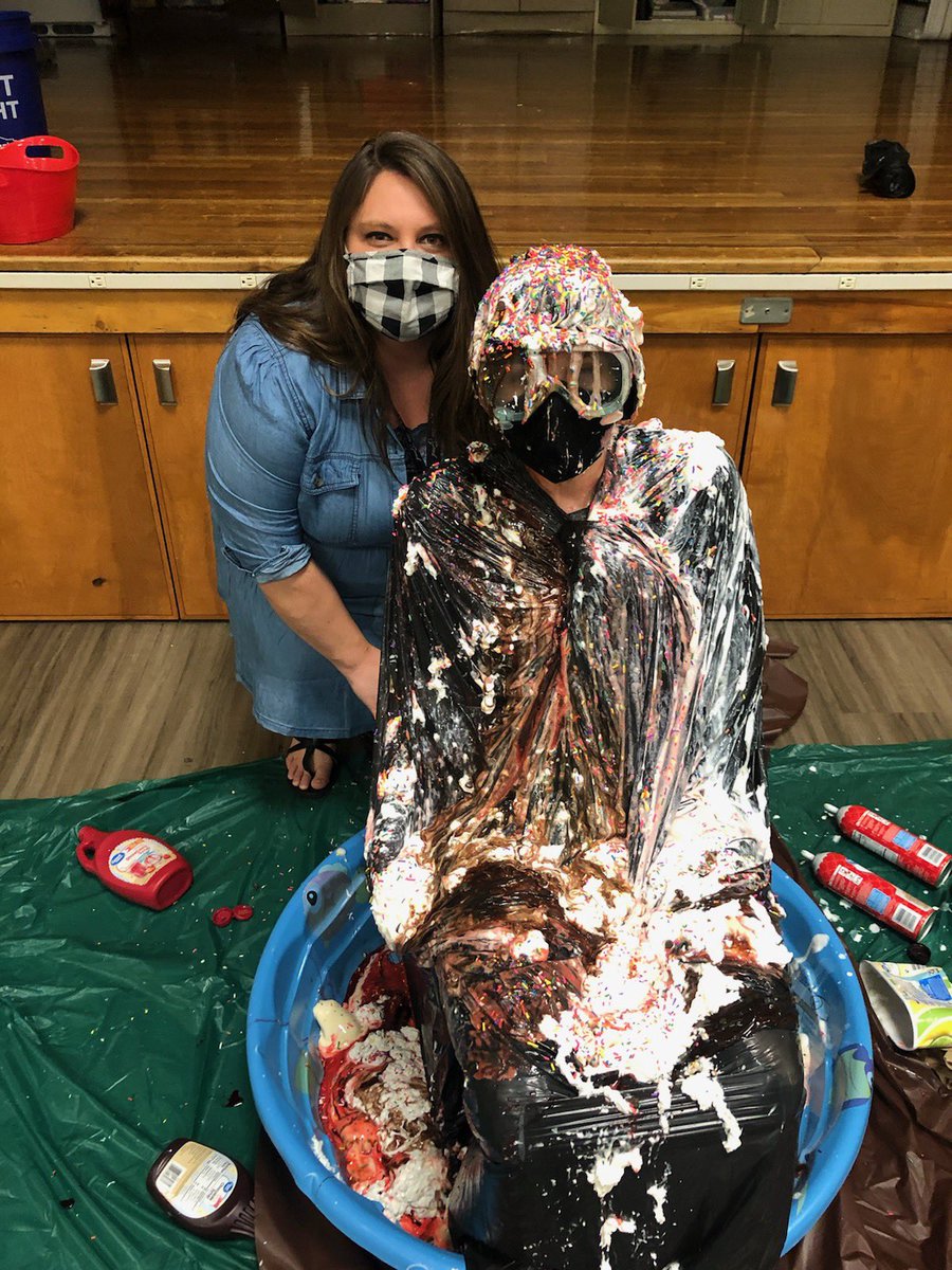 TwainElementary's tweet photo. Twainville readers surpassed their goal with 1,338 books read! Ms. Hunsaker &amp;  Mrs. Shatto are wiped out! Great job to all of our readers! Can you guess who the Sundae was? Mrs. Shatto with 209 votes. #spsreads @cammielib1 @DrJ_Anderson @officialSPS https://t.co/JdbAjmu8RT