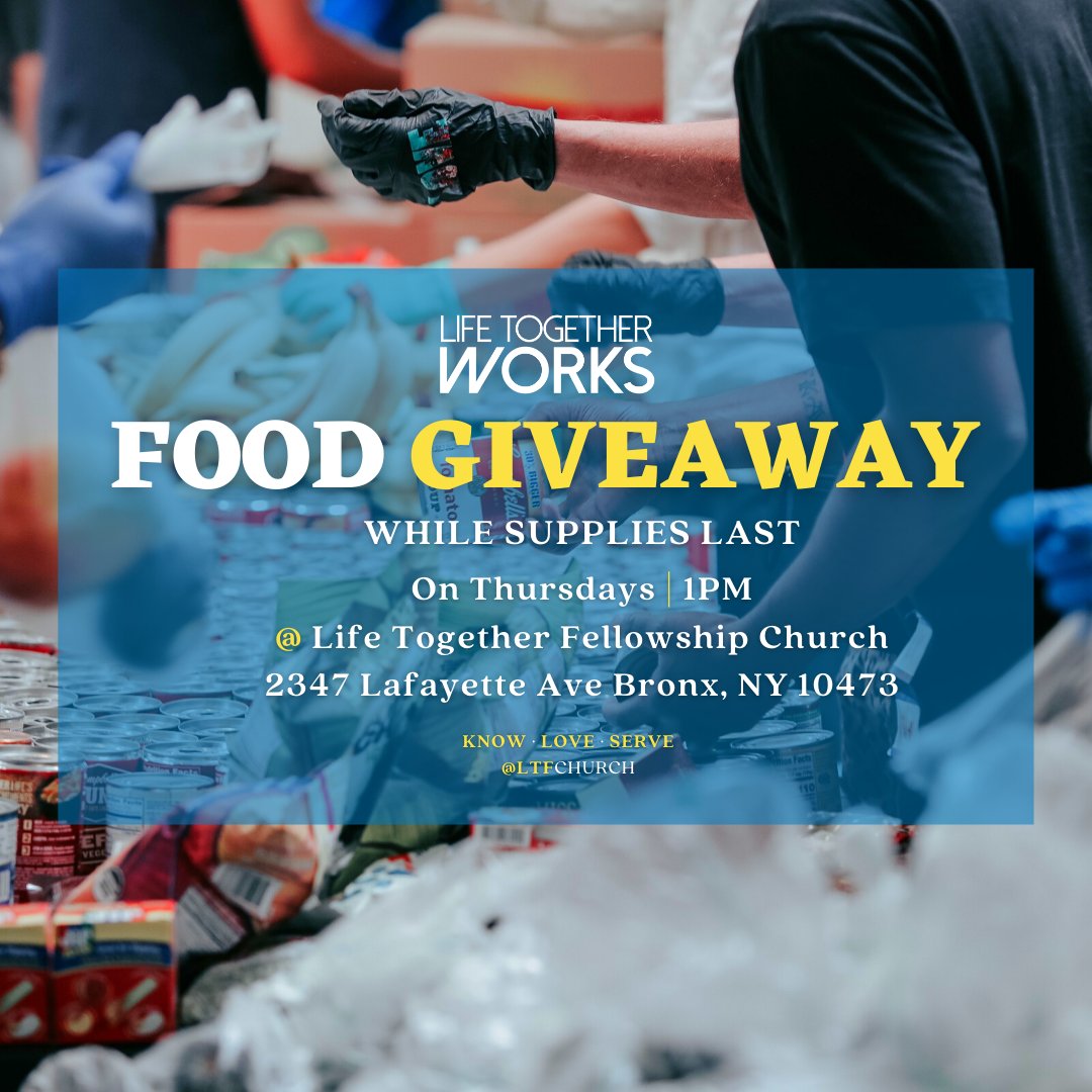 Introducing LTWorks Food Giveaway!

Every Thursday we will be distributing groceries to families in the community! (while supplies last)

WHEN: Thursdays 1PM-2:30PM
WHERE: 2347 Lafayette Avenue Bronx, NY 10473