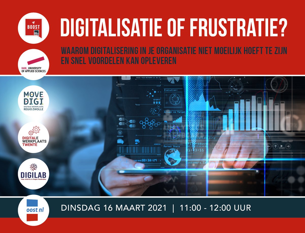Wij vinden het belangrijk dat Gelderse bedrijven zich toekomstbestendig maken. 4 Digitale Werkplaatsen organiseren met  @boost_nl &amp;  @oostnlnl online kennissessies die MKB’ers ondersteunen bij het #digitaliseren. Volg het webinar op 16 maart, 11.00-12.00! bit.ly/3vfkYPq