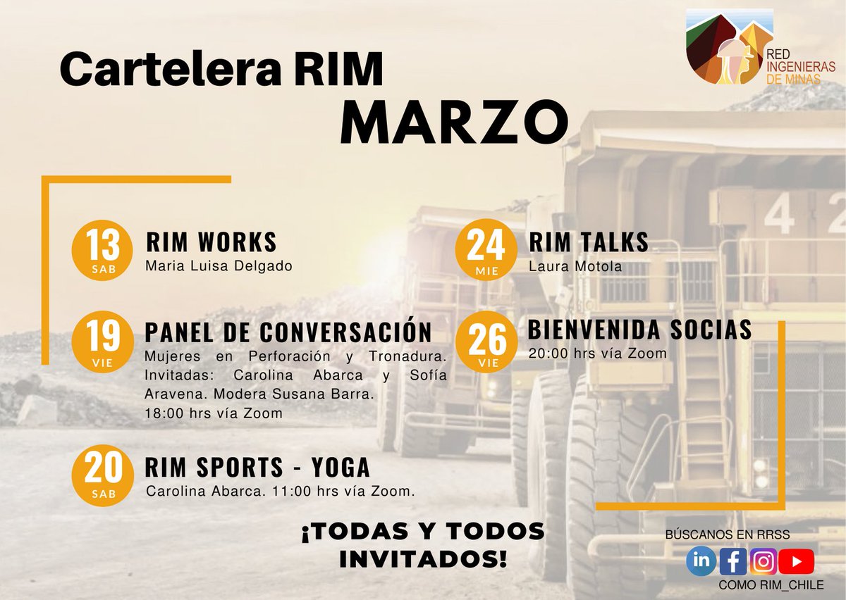 #ComunidadRIM 

¡Comenzamos el año con todas las pilas cargadas! A continuación, pueden revisar nuestra cartelera del mes de marzo ca📅

¡Anoten las fechas en sus calendarios! 🧡