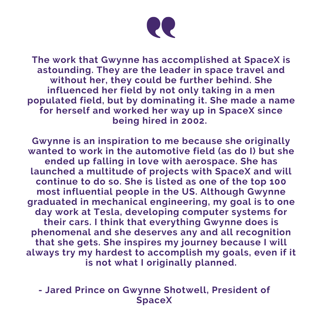 RmuWlmp's tweet photo. Senior @RMU_SEMS student Jared Prince chose to highlight @SpaceX President and CEO Gwynne Shotwell. Remember Jared, the sky’s the limit for you too!
#IWD2021  #InternationalWomensDay  #WomensHistoryMonth #ChooseToChallenge #HERstory @internationalwomensday_global @RMUGlobal https://t.co/dY4Gh0tv0e