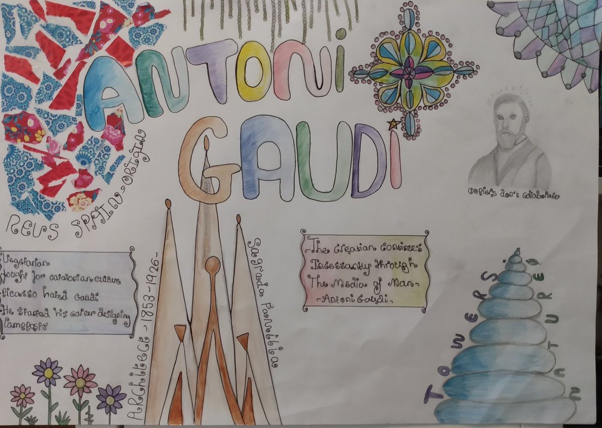 BeckfootCreate's tweet photo. A fantastic research sheet on Antoni Gaudi by Charlotte in Yr7. Beautiful use of tone, form and pattern. Great mosaic and stained glass window design. Well done! #Gaudi #formalelements #research https://t.co/OcHOQq7Lsp
