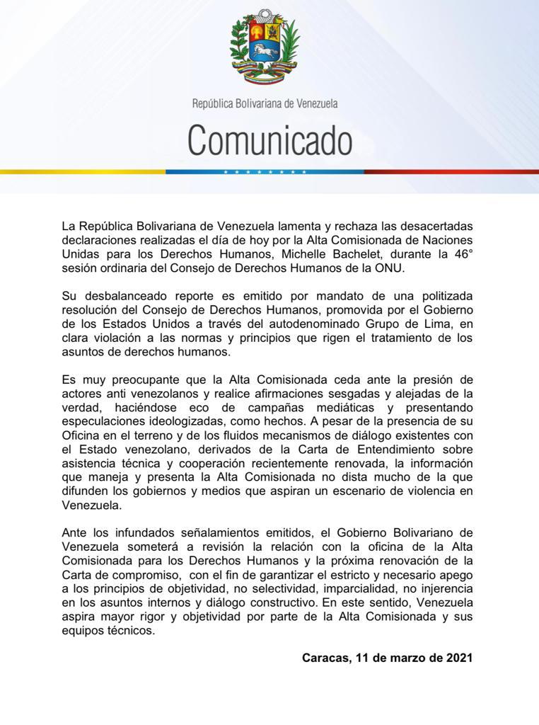 #COMUNICADO | Venezuela lamenta y rechaza las desacertadas declaraciones de la Alta Comisionada, Michelle Bachelet, en la 46° sesión ordinaria del Consejo de DDHH de la ONU. Preocupa que la Alta Comisionada pierda su rigor y objetividad ante la presión de actores anti-venezolanos