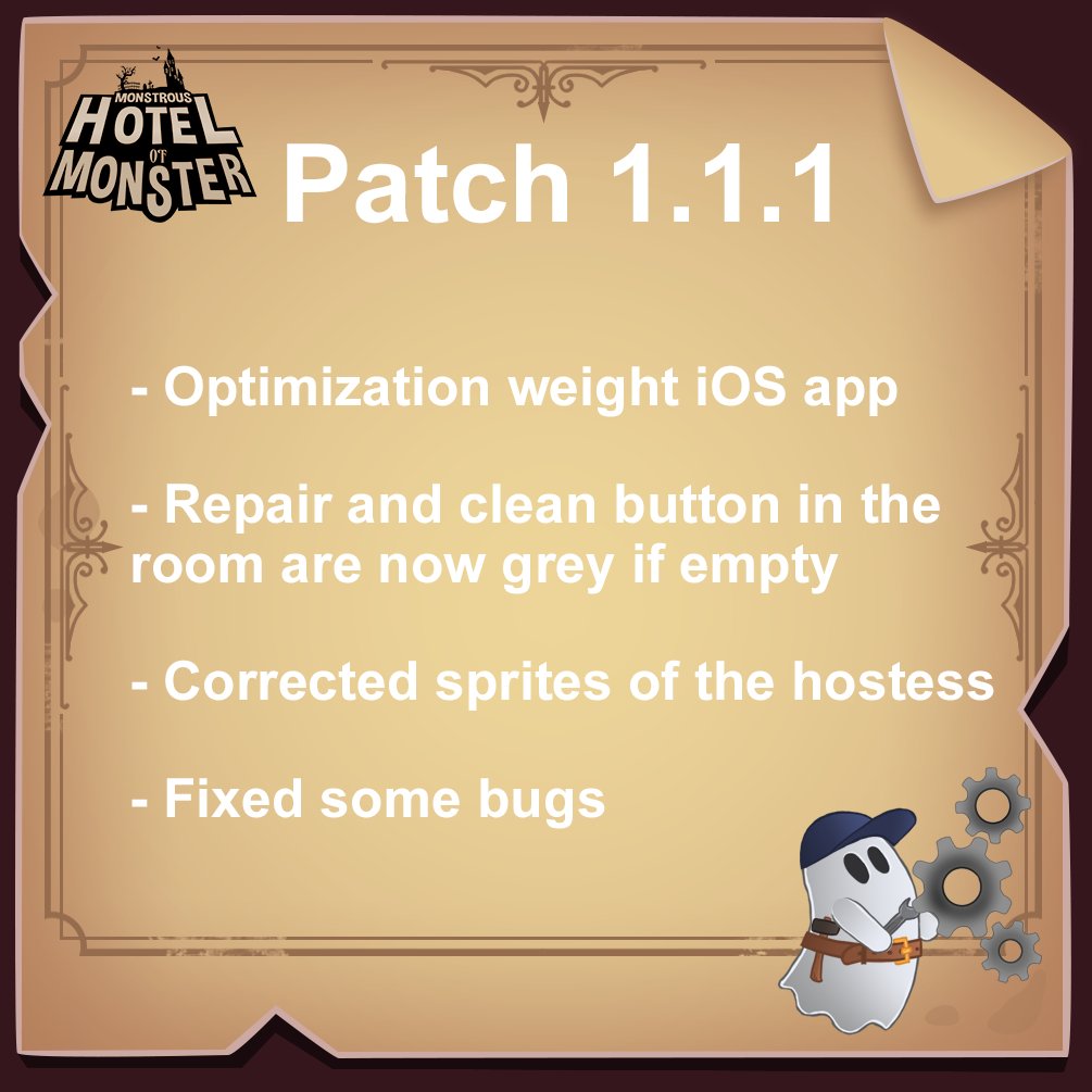 MonstrousHotel's tweet photo. New update available today🔧⚙️, here are the changes we made 👻 

#indiedev #indiegamedev #indiegames #gamedev #mhm #mobilegame #mobiledev #unity #unity3D #unitydev https://t.co/qyQAMJ3ZB0