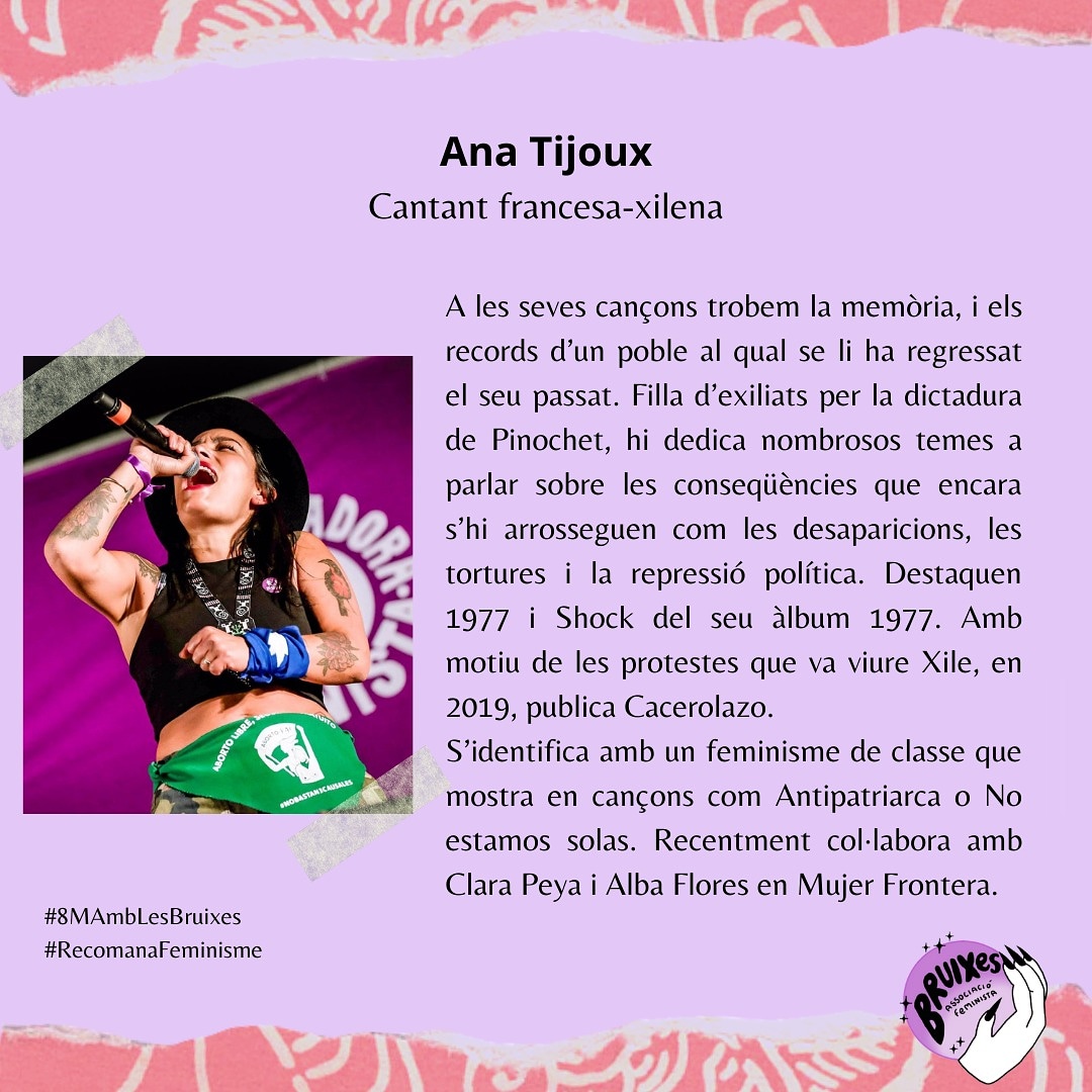 Què hi ha millor que recomanar feminisme? 💜 Amb motiu del #8M, us farem una recomanació per dia, durant tota la setmana, sobre pel·lícules, podcasts, llibres,... tots ells amb una perspectiva feminista. 
👩🏽‍🎤💚 Avui us recomanem una cantant q ens encanta: ANA TIJOUX.
#FeminismeLH