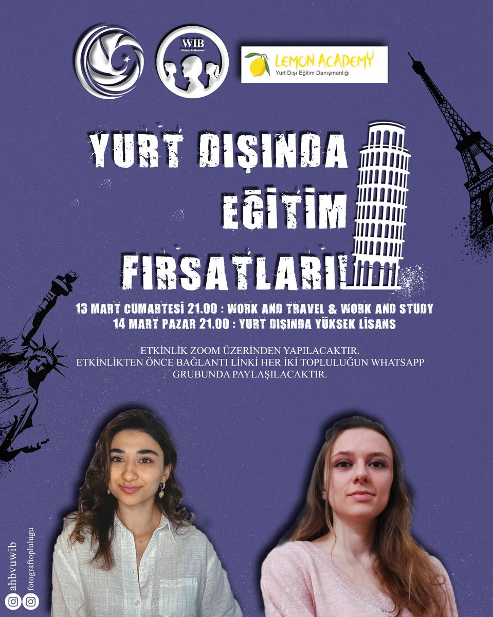 ahbvuwib's tweet photo. Bu haftasonu LemonAcademy ile Zoom üzerinden yapacağımız “Yurtdışında Eğitim Fırsatları” etkinliğimize hepinizi bekliyoruz🎉
Whatsapp gruplarına katılmak için DM atabilirsiniz💫 

(Etkinlikten 15 dakika önce Zoom linkine Instagram profilimizden ulaşabilirsiniz.) https://t.co/lJAslnmtih