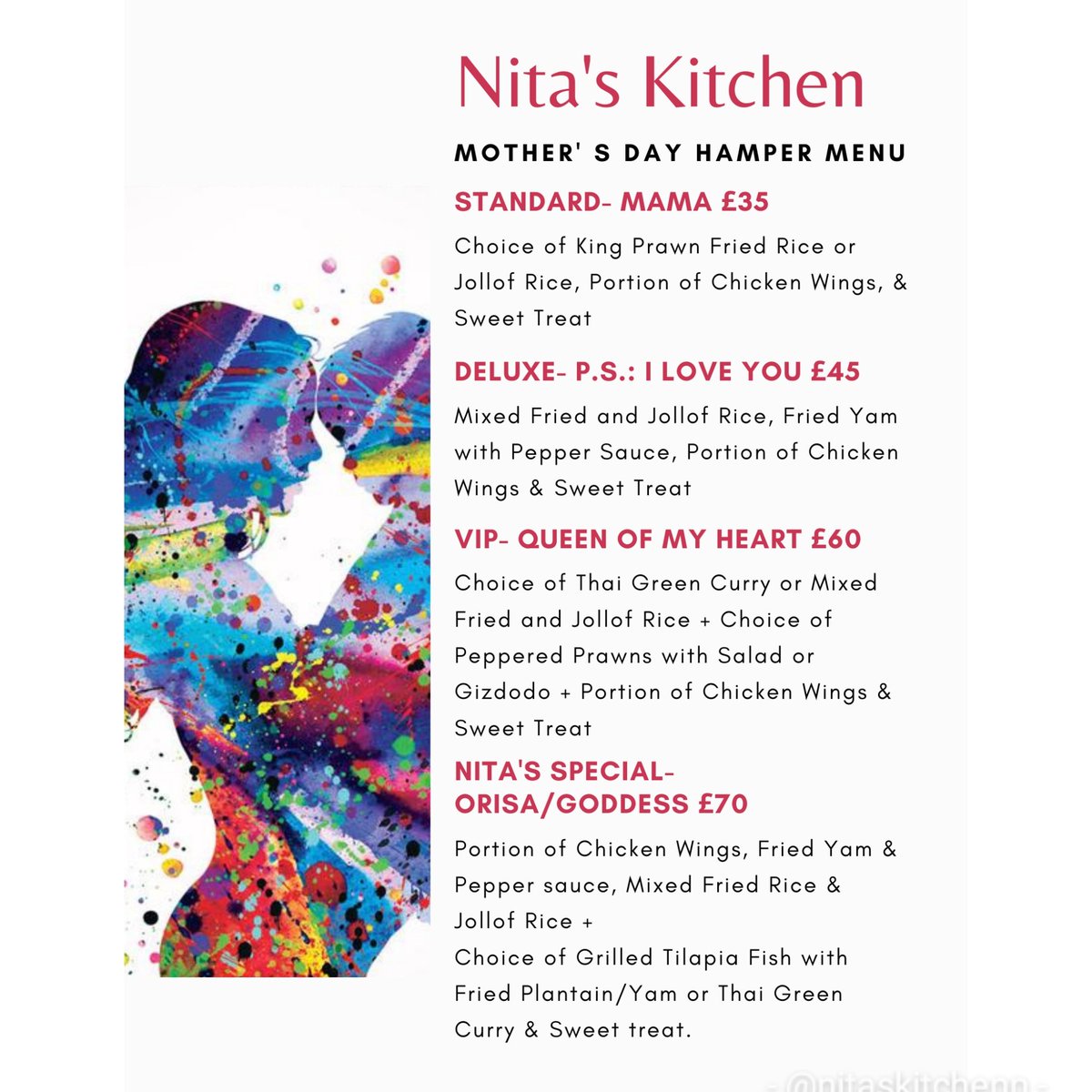 Wondering what to get your mom for Mother's day?
Is your mom a member of the foodie gang?
Don't want the stress of cooking for her?
I got You! 💯
.
Nita's Kitchen Mother's Day Hamper 💥💥💥 Swipe Left for Hamper Menu <a href="/nitaskitchenn/">Nita's Kitchen</a> 

DM to Order/Enquire.
Delivery or Collection🇬🇧