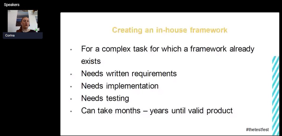 Why Reinvent the wheel when you just have to realign. Would you build a new framework when something already exists? - <a href="/imalittletester/">Corina Pip</a> sharing  (Some of the) Worst mistakes you can make in #automation at #thetestfest <a href="/testconsummit/">testcon</a>  by <a href="/ClaventEvents/">Clavent</a> 
#testing #softwaretesting
