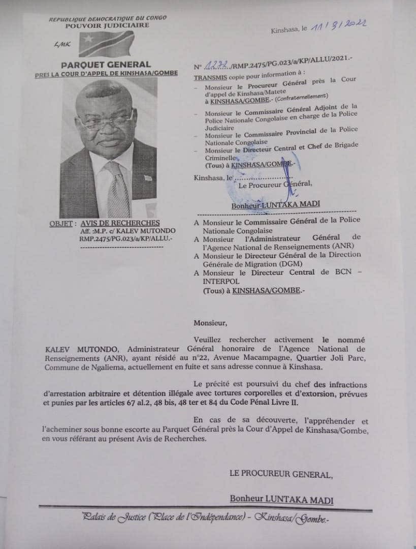Autre exemple de progrès en 🇨🇩#RDC: le mandat d'arrêt contre Kalev Mutondo, ex-chef de l'Agence nationale de renseignement (ANR) sous Joseph Kabila et l'objet des sanctions des États-Unis et de l'UE. Il est en fuite, recherché pour des nombreuses violations des #droitsdelhomme.