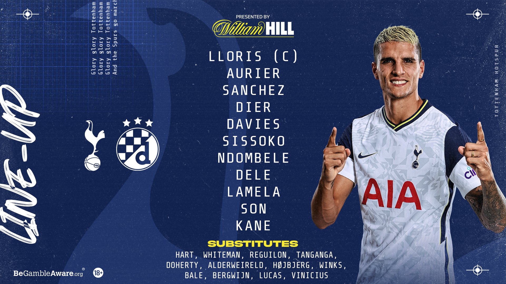 Tottenham Hotspur on X: 𝗧𝗘𝗔𝗠 𝗡𝗘𝗪𝗦! Lloris (C), Aurier, Dier, Sanchez, Davies, Sissoko, Lo Celso, Bergwijn, Lucas, Son, Kane. @WilliamHill latest (18+) ➡️ #THFC ⚪️ #COYS / X