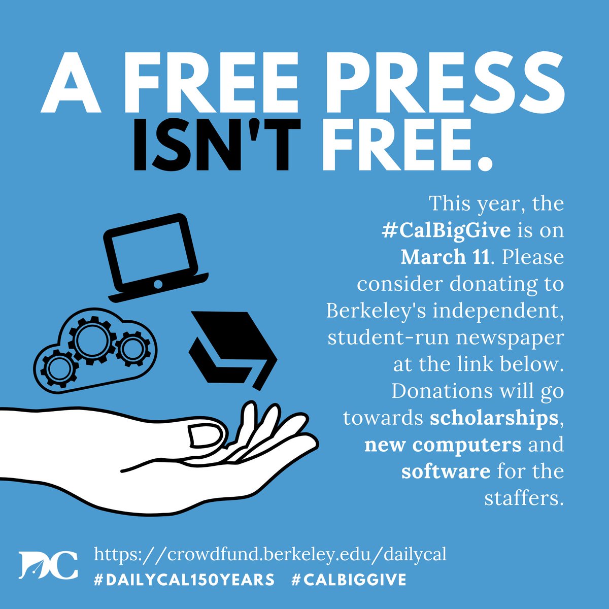 _meghakrishnan_'s tweet photo. This year, The Daily Californian celebrates 150 years of thorough, hard-hitting journalism. Help Berkeley’s independent, student-run newspaper continue to serve its community by donating at the #CalBigGive today, March 11! #DailyCal150Years 
Link: https://t.co/mPGg6S2y0d https://t.co/OEO90kOFlw