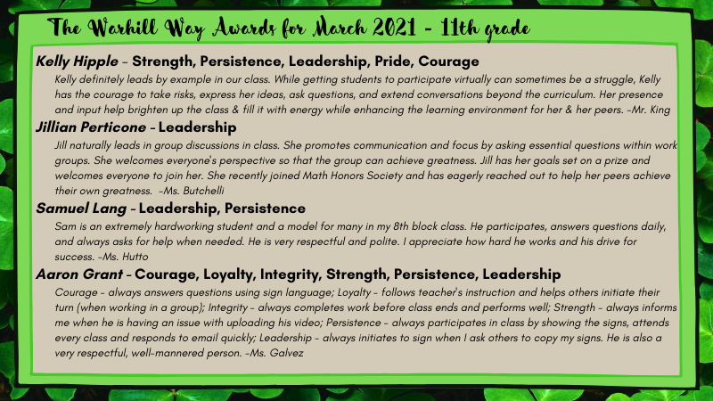WarhillHigh's tweet photo. These awesome 11th graders were nominated for Warhill Way Awards by their teachers this month for exemplifying the tenets of the Warhill Way. Excellent work, Juniors! #TheWarhillWay #PowerinthePride 🏆🦁🌟 https://t.co/pC7T6sxPB0