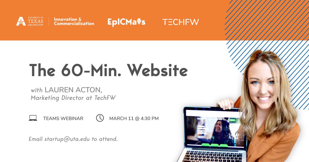 𝐓𝐨𝐝𝐚𝐲 𝟒:𝟑𝟎𝐏𝐌
Learn how to build a website in only 60 minutes! Today at #EpICMavs we invite the Marketing Director of <a href="/TECHFortWorth/">TechFW</a> as our guest speaker. Email startup@uta.edu to join on Microsoft Teams #Mavup #UTAMavs #entrepreneurship #startups #WebDesign