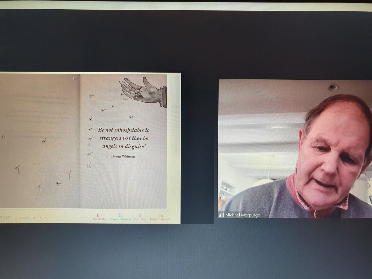 Miss_E_Styles's tweet photo. Still reflecting on such an inspirational session with @MichaelMorpugo through @clpe1 and @charliehacking last month. My Book Club pupils were jealous they weren't talking to him too but so much to share with them #RfP #readingforpleasure #communityofreaders https://t.co/6nwB8etsmO