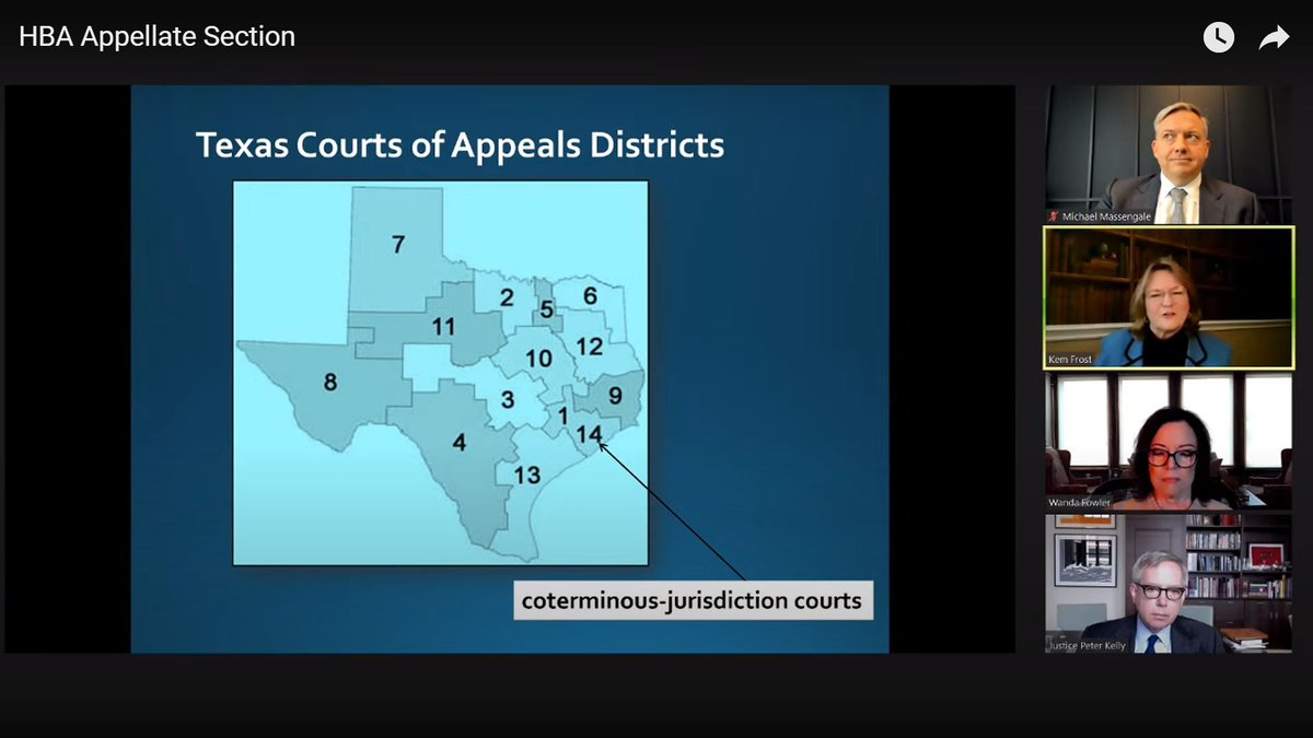 HBA_Appellate's tweet photo. Thank you to C.J. Frost and J. Fowler, Kelly, and 
@mmassengale for a very lively discussion in today's CLE regarding "Shared Jurisdiction: Curious Wrinkle or Serious Problem? Assessing the Effects of Coterminous Jurisdiction of the Houston Courts of Appeals." #appellatetwitter https://t.co/nNAYXaAztq