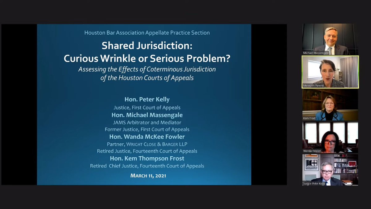 HBA_Appellate's tweet photo. Thank you to C.J. Frost and J. Fowler, Kelly, and 
@mmassengale for a very lively discussion in today's CLE regarding "Shared Jurisdiction: Curious Wrinkle or Serious Problem? Assessing the Effects of Coterminous Jurisdiction of the Houston Courts of Appeals." #appellatetwitter https://t.co/nNAYXaAztq