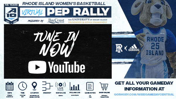 TUNE IN NOW: Catch everything you need to know about tomorrow's quarterfinal game as URI alumnus, <a href="/TheStoneFreeman/">Stone Freeman</a> '19, hosts the first-ever <a href="/RhodyWBB/">Rhody WBB</a> <a href="/atlantic10/">Atlantic 10 Conference</a> Championship Virtual Pep Rally at youtu.be/vR9q042BJI8. <a href="/thorrbjorn/">Thorr Bjorn</a> <a href="/TReiss32/">Tammi Reiss</a> <a href="/URICheer/">URI Cheer</a>  <a href="/URIRamettes/">URI Ramettes</a> #URIPepBand