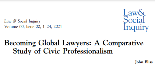 An <a href="/LSI_Journal/">Law & Social Inquiry</a> article by <a href="/ProfJBliss/">John Bliss</a>, assistant prof <a href="/SturmCOL/">Sturm College of Law</a>, examines how globalization has effected the civic role of lawyers.

His work focuses on lawyers' experience with civic professionalism in the U.S and China and how these differ dramatically

ow.ly/D3pk50DTjaK