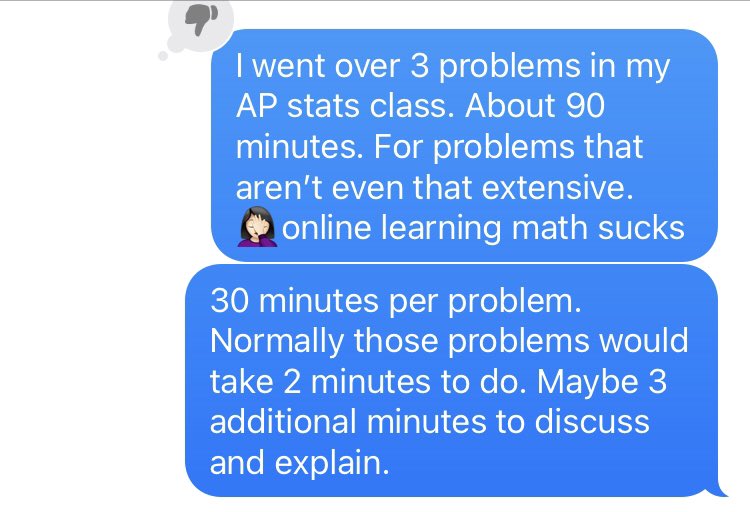 MrsMejia_Math's tweet photo. Frustrated at the inequity of @CollegeBoard still having an #apstats exam covering all units. Students have been remote learning for the entire year with unreliable internet, home distractions, and without graphing calculators. #iteachmath #statschat https://t.co/N1BPuZhJEW