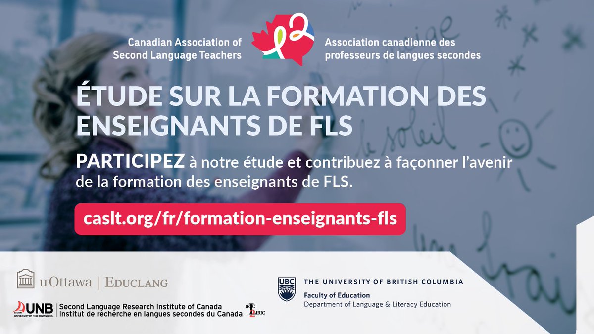 CASLT_ACPLS's tweet photo. Les enseignants de #FLS dans les 5 premières années de leur carrière peuvent contribuer à façonner l’avenir de la formation des enseignants de FLS. 👨🏽🏫
Participez à notre étude ou communiquez cette invitation aux nouveaux enseignants de FLS : https://t.co/64Q6uhg5mb #FormEnsFLS https://t.co/ojXvDYmLDm