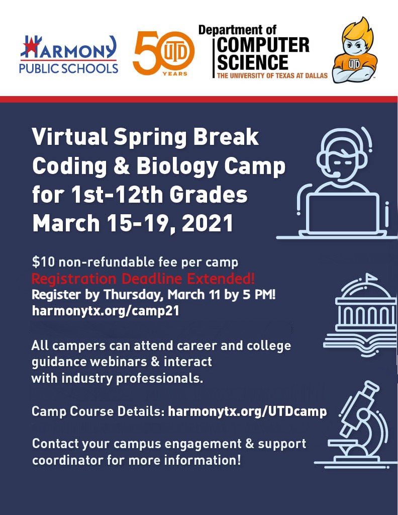 Few more hours before you can register for the virtual Spring Break Coding &amp; Biology Camp!

Don't miss out!
Register online today by 5PM at harmonytx.org/camp21
For more information visit harmonytx.org/UTDcamp