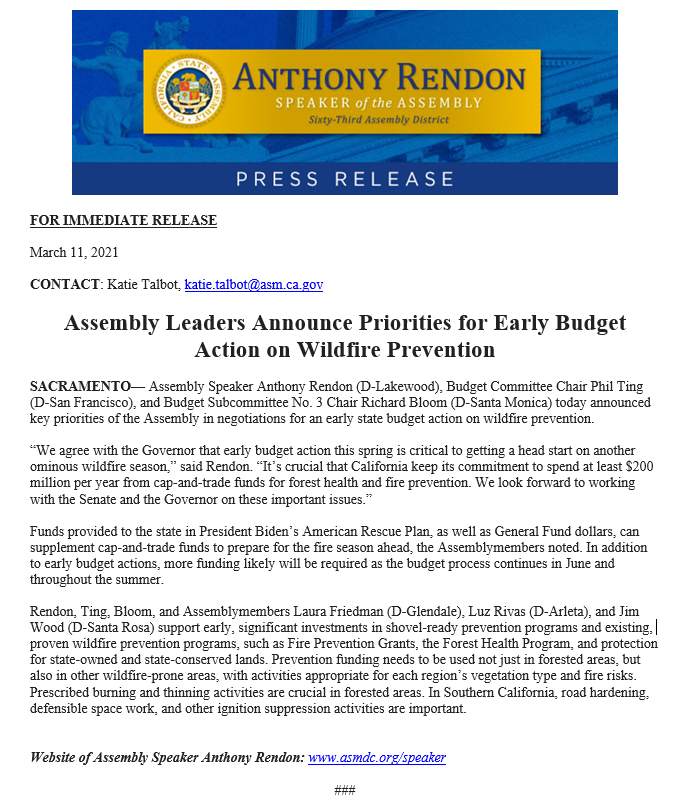WoodddsJim's tweet photo. Thank you Speaker @Rendon63rd, @AsmPhilTing, Asm @laurafriedman43 and @AsmRichardBloom as partners in CA's much needed wildfire prevention efforts. Let's spend more time preventing &amp; less time fighting #wildfires. It will save lives, prevent destruction &amp; protect the environment. https://t.co/aEhSyKXpGO