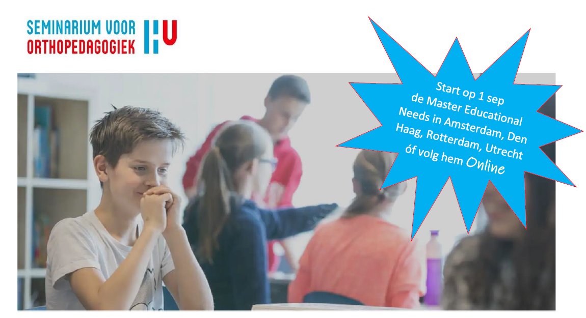 Wil jij graag de Master Educational Needs volgen? Doe je dat het liefst met onderwijs op één van de vier leslocaties of past de online leerroute juist bij jou? Meld je aan voor de online informatieavond via seminarium@hu.nl 
Datum: 23 maart 2021. Tijd: 19.00 uur. Tot dan?!