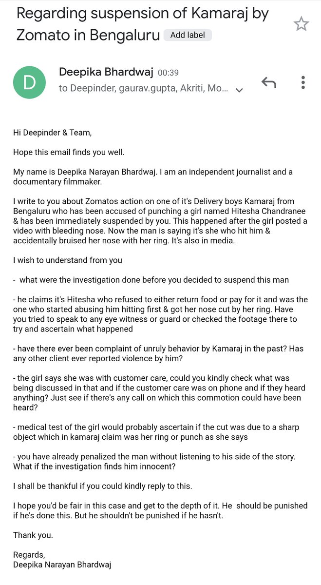 Deepika Narayan Bhardwaj Email Sent To Zomato Top Management Asking Some Pertinent Questions Making This Public Because M Not Sure If They Ll Respond It S Time We Stop Treating The Poor