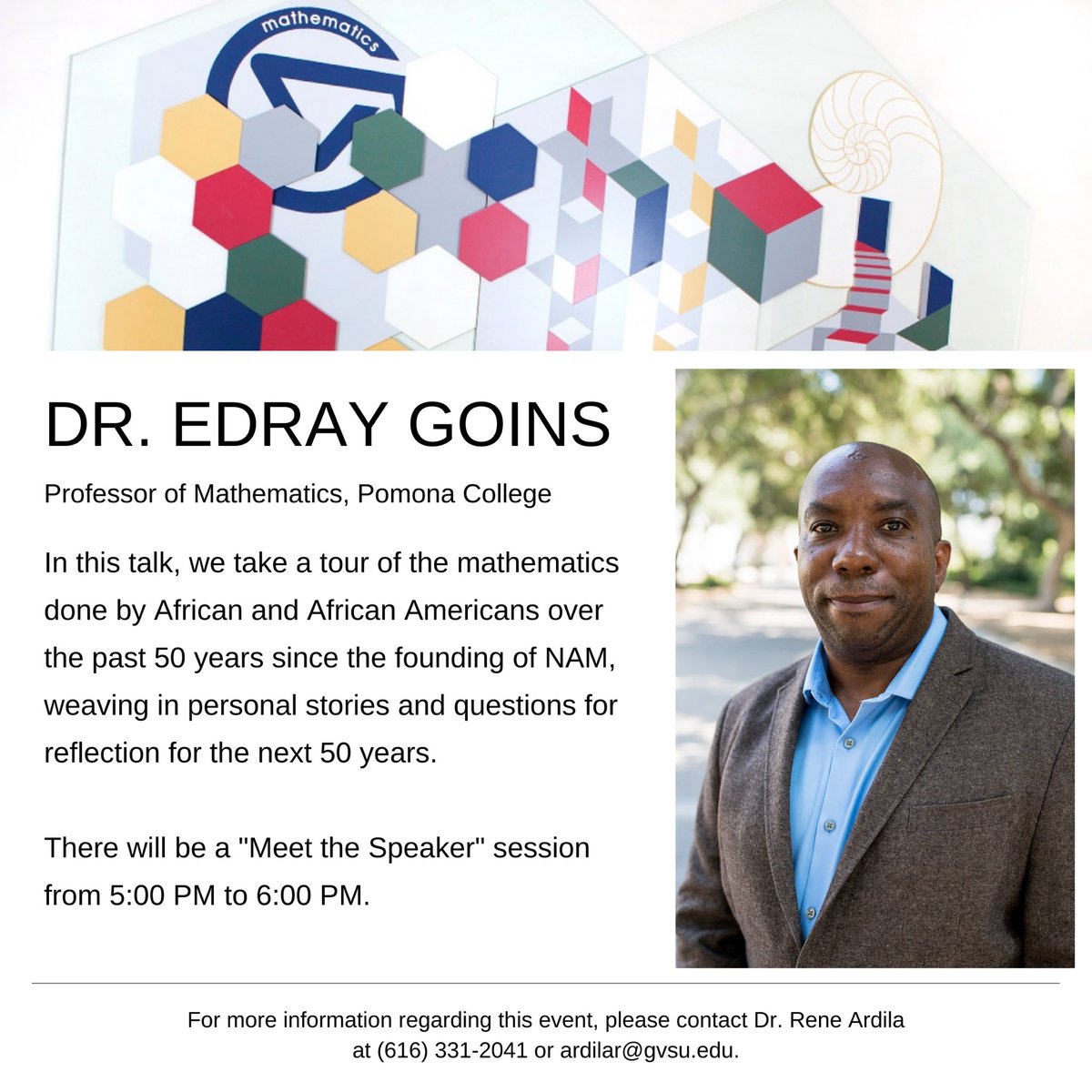 The 2021 Mosaic Lecture is happening next Tuesday, March 16, at 7:00 PM! More information and registration can be found here: gvsu.edu/math/2021-mosa…