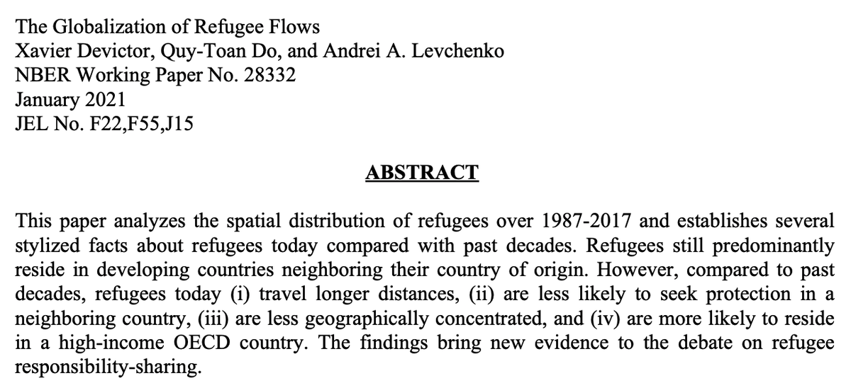 Relative to 25 years ago, refugees today:—Are more numerous—Live farther from home—Are less likely to live in neighboring countries—Are more likely to live in OECD countriesBy Devictor, Do, and Levchenko—>  http://www.nber.org/papers/w28332  | Earlier ungated:  http://hdl.handle.net/10986/33580 