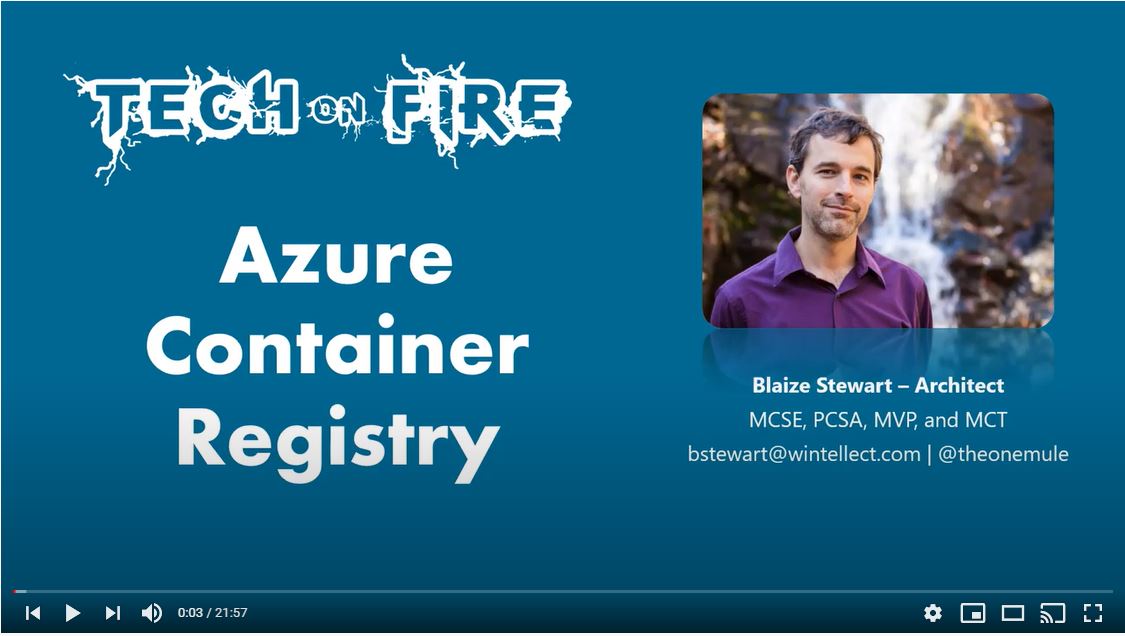 Wintellect's tweet image. In this edition of Tech on Fire, Wintellect Architect and Azure MVP Blaize Stewart @theonemule will show you Azure Container Registry and how container file systems play into making registries work to save time and space
okt.to/0NwWMb
#TechOnFire #AzureContainerRegistry