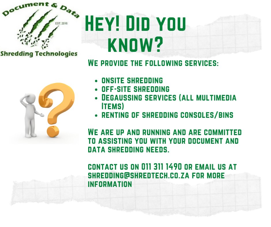 DDShreddingTech's tweet image. Hey! Did you know?
#shredding 
#documentshredding 
#popiact
#SAShreddingCompany