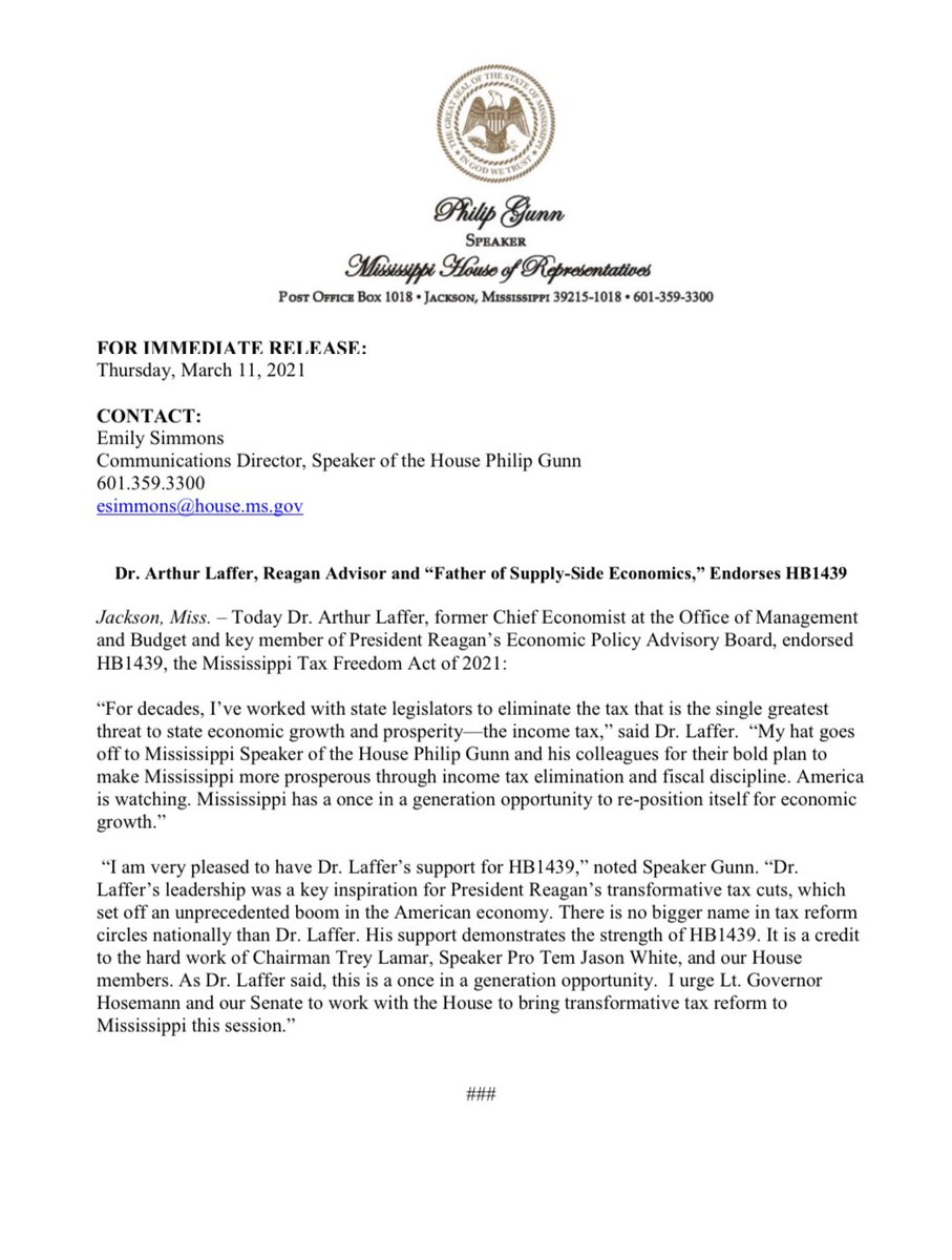 PhilipGunnMS's tweet image. I'm very pleased to have the support &amp;amp; endorsement of Dr. Arthur Laffer, Reagan advisor and “Father of Supply-Side Economics, ” on HB 1439