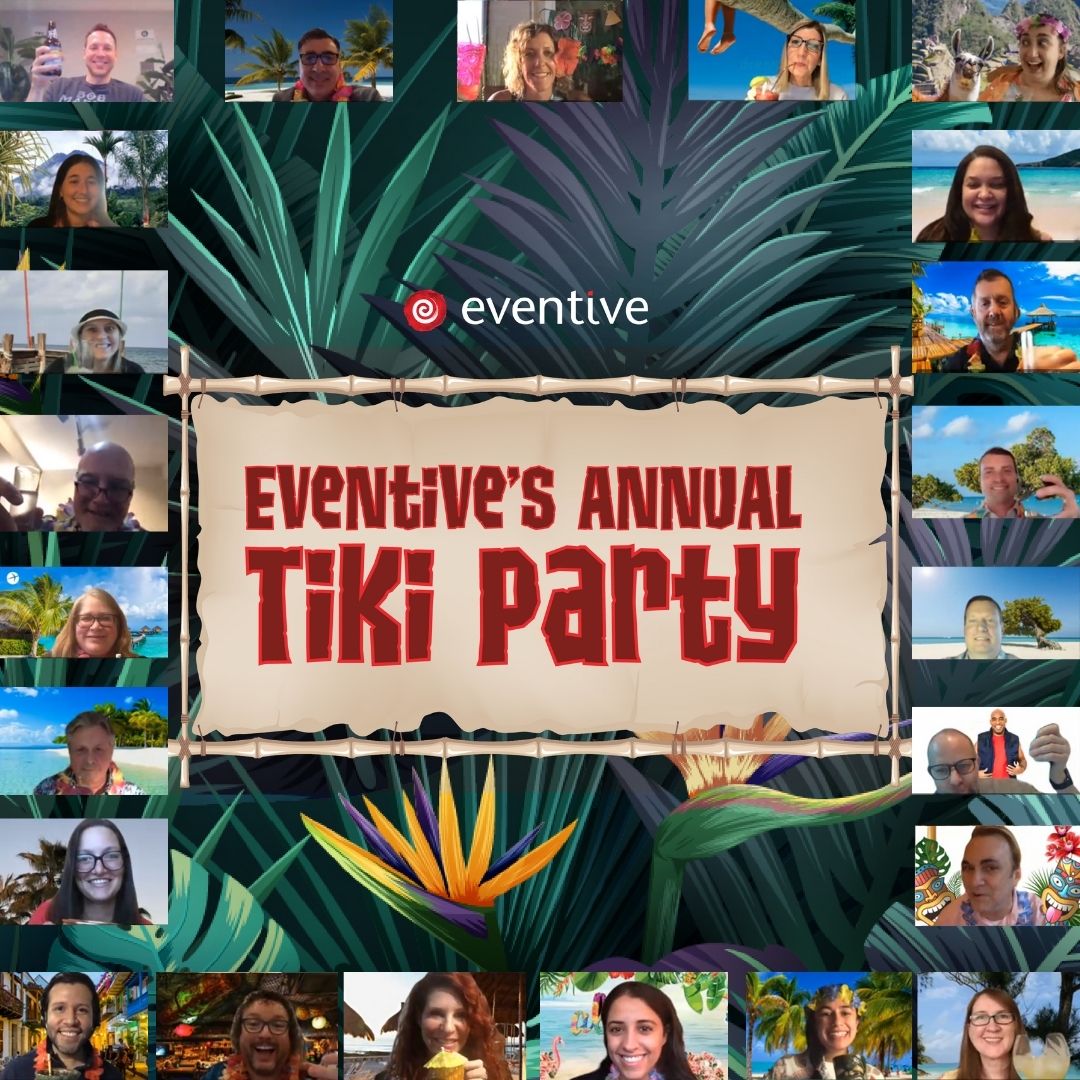 eventivemktg's tweet photo. To beat the winter blues, we had our annual Tiki Party over zoom and sent employees kits so we felt like we were all together. Thanks @GMRMarketing for stopping by! Can you guess where each of our employees were calling from? https://t.co/H2TuGBzcSB