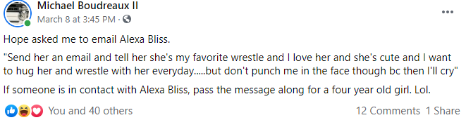 TokiePlays's tweet photo. @AlexaBliss_WWE this popped up in my facebook timeline and it was too pure and wholesome not to share 😭 https://t.co/GwYCul9q1O