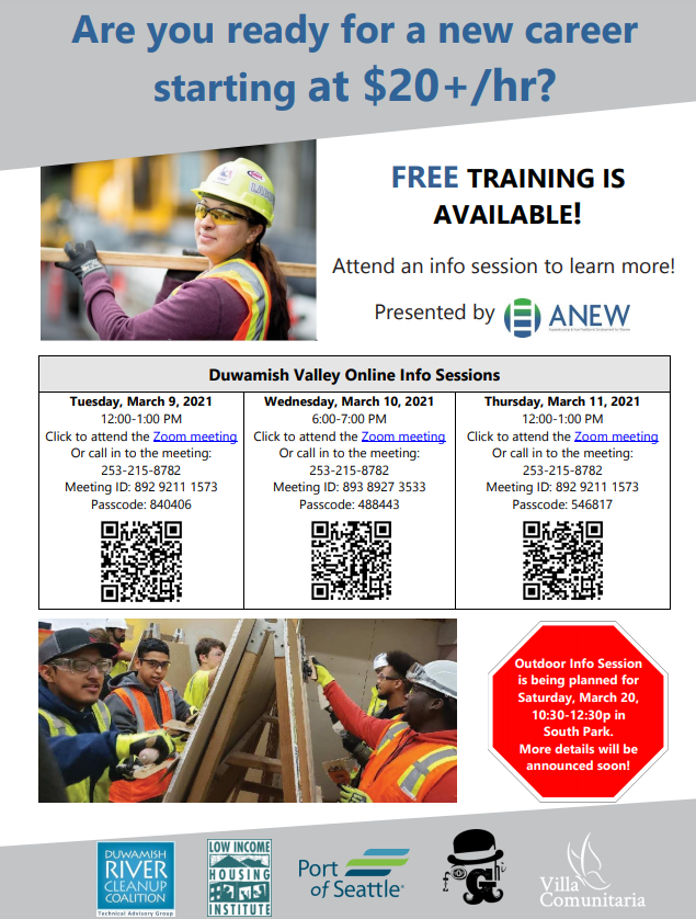 Are you ready for a new career starting at $20+ hour?
FREE CONSTRUCTION TRADES TRAINING IS AVAILABLE! 
Attend tonight’s information session at 6p-7p and Thurs., March 11, 1-2p. Hosted by ANEW, a pre-apprenticeship training provider in Kent. See flyer for more info.