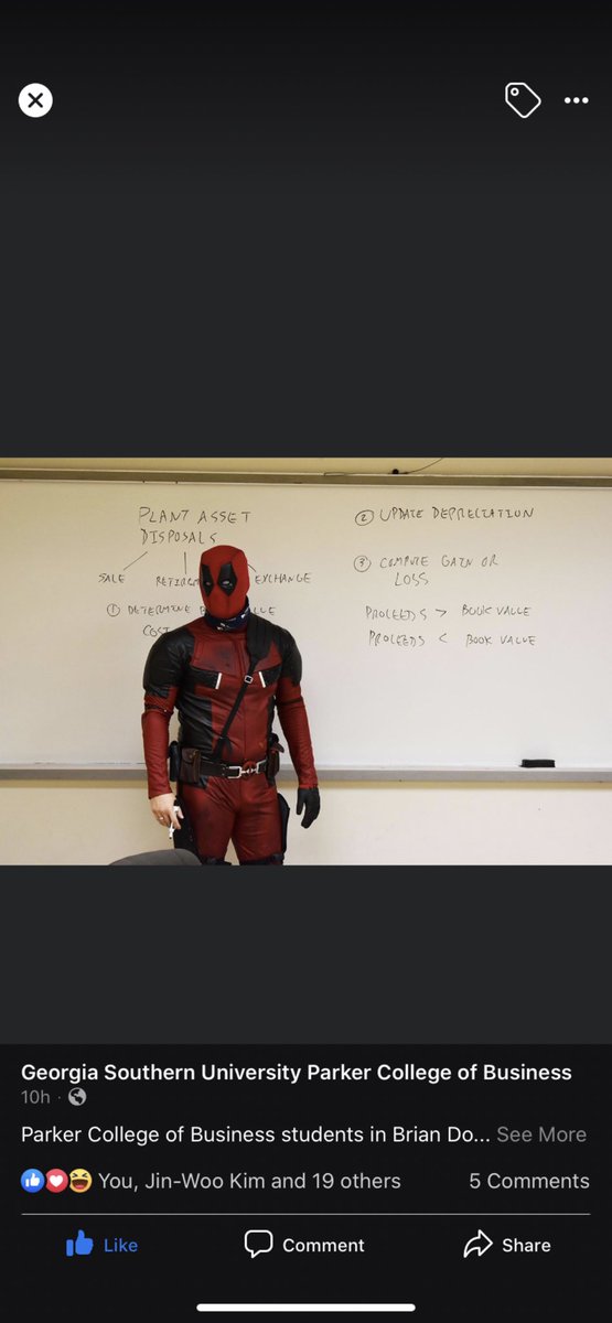 BrianDowis's tweet photo. @VancityReynolds This is a picture of me teaching my accounting class on Halloween. Any chance you could be a guest lecturer? Also know a good tailor for a suit upgrade? #taximumeffort #maximumeffort #deadpool #substituteteacher #georgiasouthern https://t.co/aS71YAoWyi