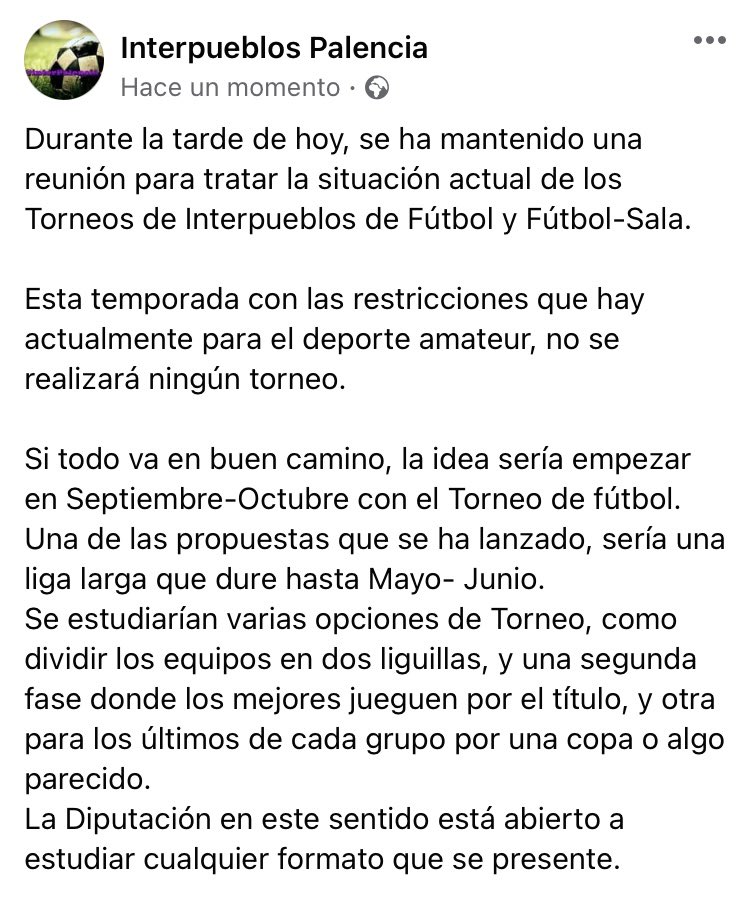 interPalencia's tweet photo. Tras la reunión que han mantenido esta tarde los delegados de equipo con la Diputación de Deportes, para analizar la situación actual de los Torneos Provinciales, informamos que:

#interpueblosPalencia https://t.co/2vXjV75uPI