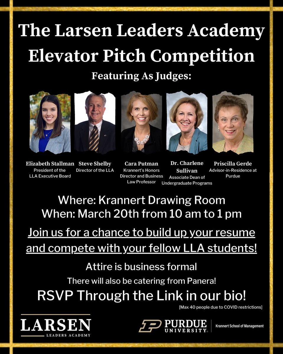 Next Saturday, March 20th, the Larsen Leaders Academy is hosting an elevator pitch competition! Join us for a chance to build your resume, compete against other Larsen students, and for a chance to win prizes! RSVP now through the linktree in our bio! 

RSVP limited to 40 people.