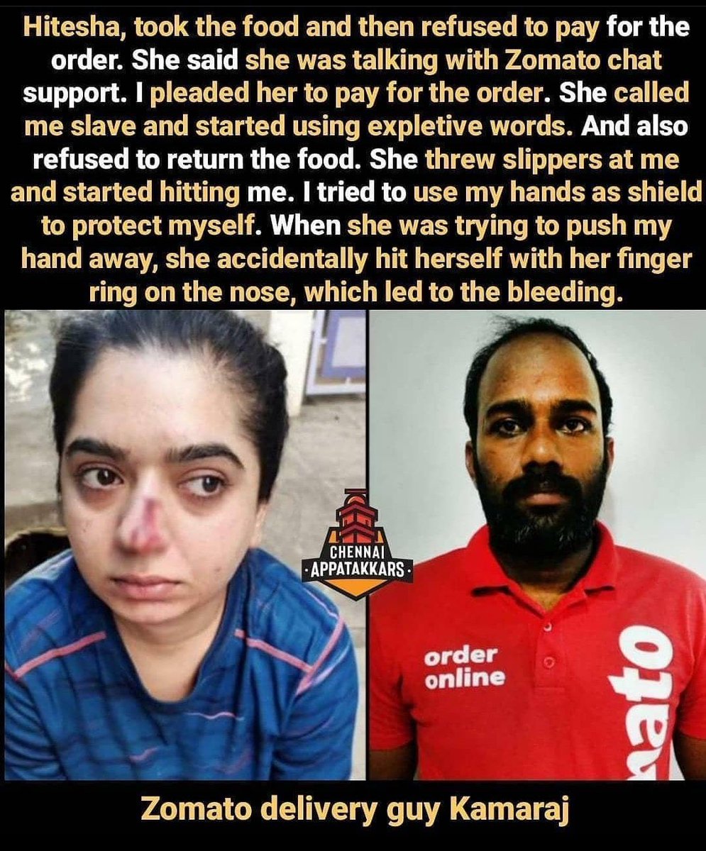 ActiveNewss's tweet photo. #zomatodeliveryboy

If the delivery boy is telling the truth, will our law put this lady behind the bars..? https://t.co/hCFuEtaoZr